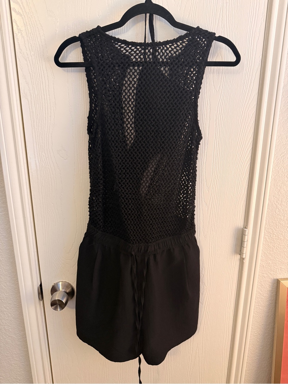 Black Sleeveless Crochet-Back Romper